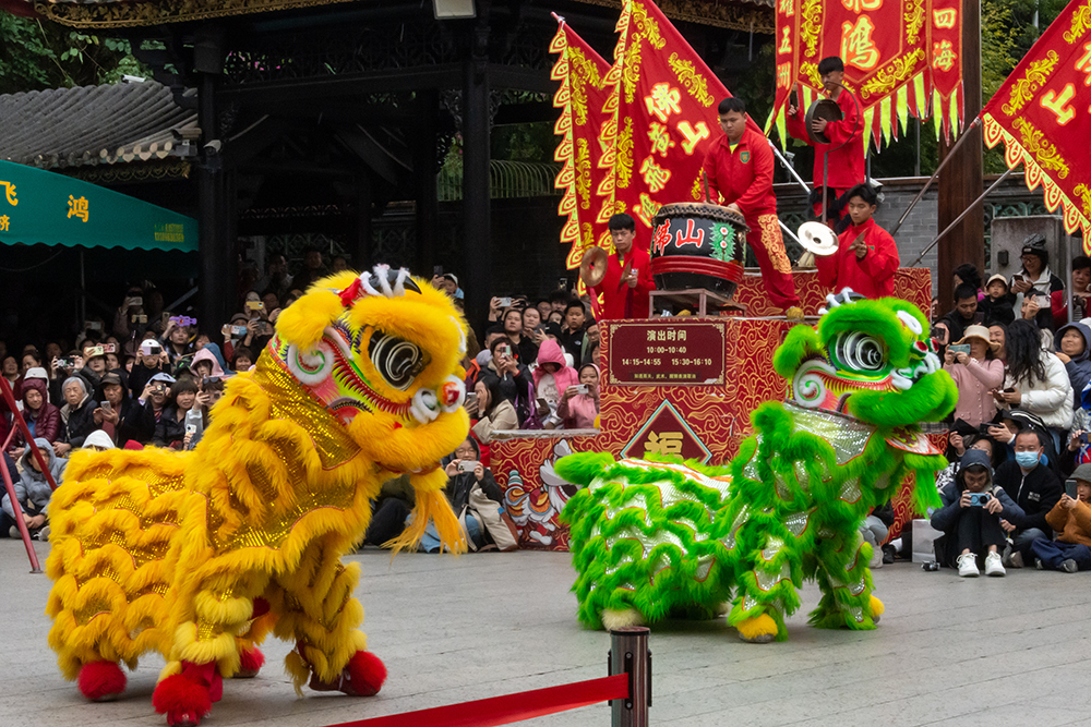 The picture shows the lion dance performance at the ancestral temple in Foshan City, Guangdong Province.